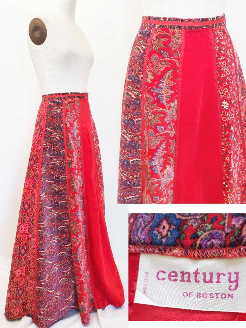 Vintage 70s Century of Boston Women's Velvet Red Paisley Maxi Patchwork Skirt